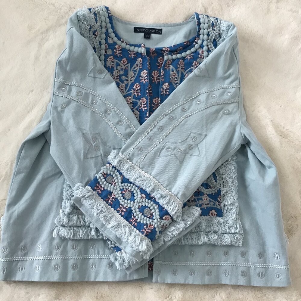 Indigo Moon Light Blue Embroidered Jean Jacket - Picture 7 of 13